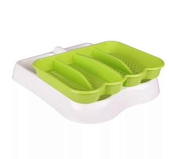 Лоток для столовых приборов пластик раздвижной бело-зеленый; М6005