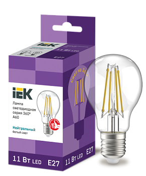 Лампа светодиодная филамент 11Вт A60 шар 4000К E27 230В IEK LLF-A60-11-230-40-E27-CL
