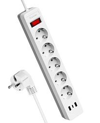 Сетевой фильтр 1,8 м 5 гнезд 3x0,75 с/з белый 2 USB;КОСМОС, FKsm1.8m-5g(W)USB