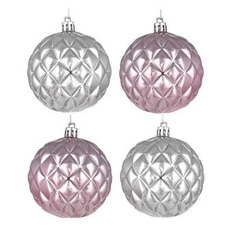 Набор шаров новогодних 4 шт/8 см розовый серебро пластик форма; СНОУ БУМ, 373-335